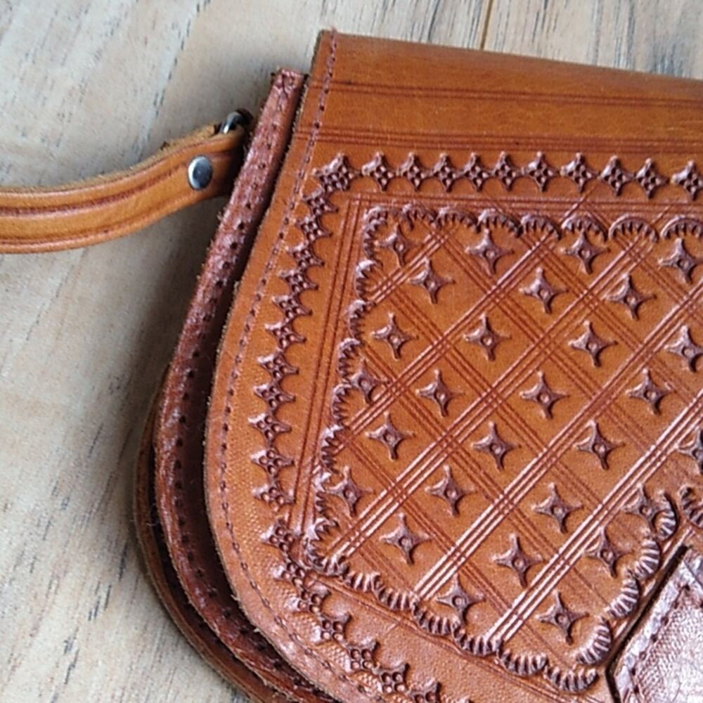 Brown Tooled Leather Boho Mini Satchel Purse - Picture 8 of 11